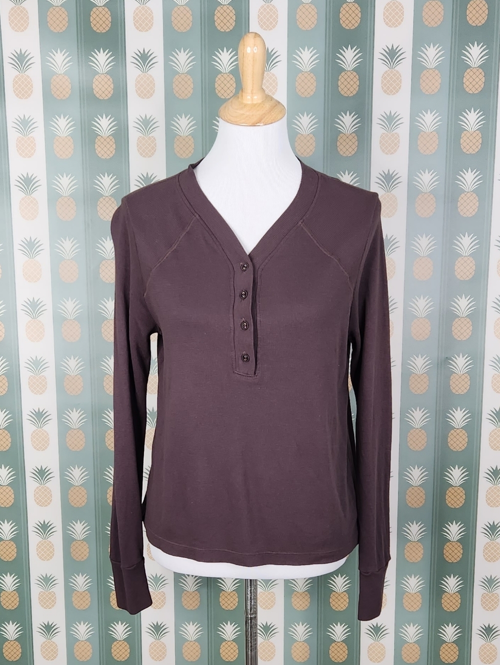 LAMade Long-Sleeve V-Neck Henley Top in Dark Brown